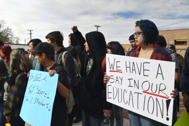 New Mexico: Dolores Ramos (right), 16, joins dozens of Highland High School students in Albuquerque, N.M., during a walkout to protest a new standardized test. Russell Contreras/AP