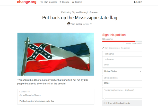 Screenshot of the online petition to put the Mississippi flag back up in downtown Juneau. 