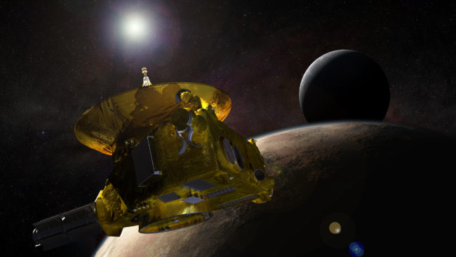 NASA's New Horizons mission will be the first ever to visit Pluto and its moons. This artist's conception shows the probe as it passes the dwarf planet. JHUAPL/SwRI