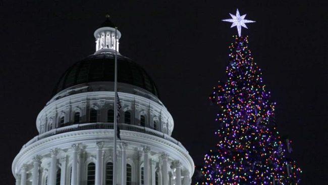 California’s state Christmas tree shines from 10,000 ultra-low-wattage LED bulbs. State agencies routinely are told to meet energy-saving targets. Whether they do is often hard to determine. AP
