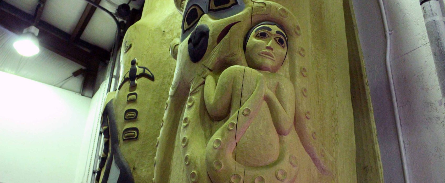 The house posts which will go in the Huna Tribal House. (Photo by Elizabeth Jenkins/KTOO)