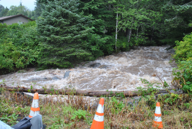 Cascade Creek in Sitka was running high after heavy rainfall Tuesday, August 18. (Photo by Rebecca LaGuire/KCAW)