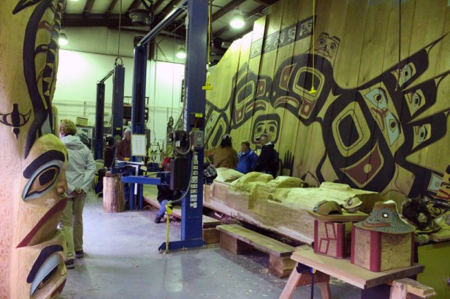 The house posts which will go in the Huna Tribal House. (Photo by Elizabeth Jenkins/KTOO)