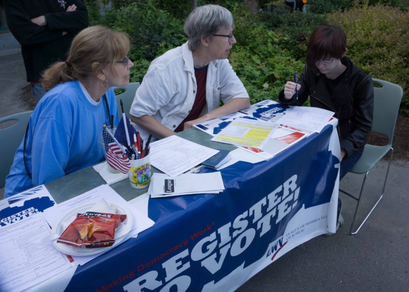 Volunteers help someone register to vote at the 2015 Governor's Picnic. (Photo by Jeremy Hsieh/KTOO)