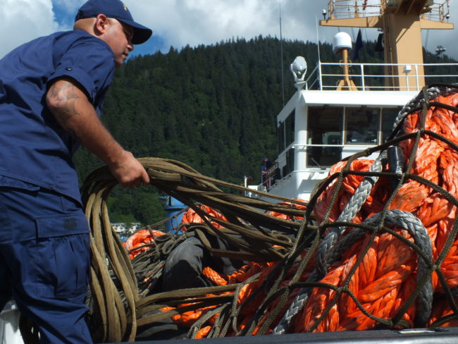 After use, the components of this Emergency Towing System will be dried out and repackaged for redeployment in Sitka. (Photo by Matt Miller/KTOO)