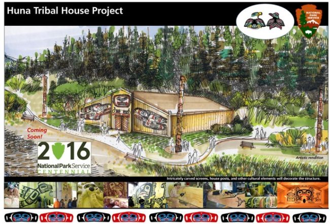 An artist's rendering of the Huna Tribal House. (Image courtesy National Park Service)