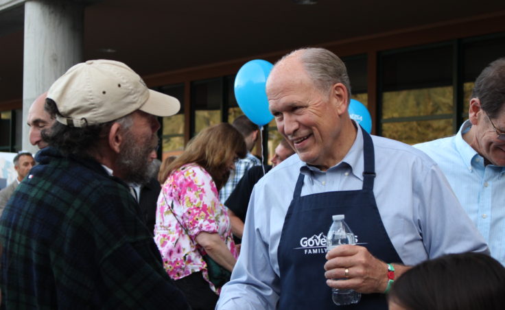 Gov. Bill Walker greets people at his the Governor's Picnic at UAS in Juneau, Aug. 14, 2015. (Photo by Elizabeth Jenkins/KTOO)