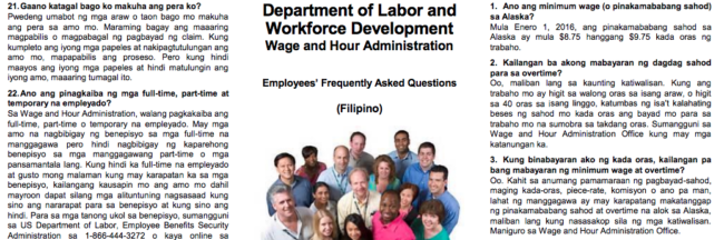The state Department of Labor and Workforce Development's 'Employees' Frequently Asked Questions" pamphlet in Tagalog.