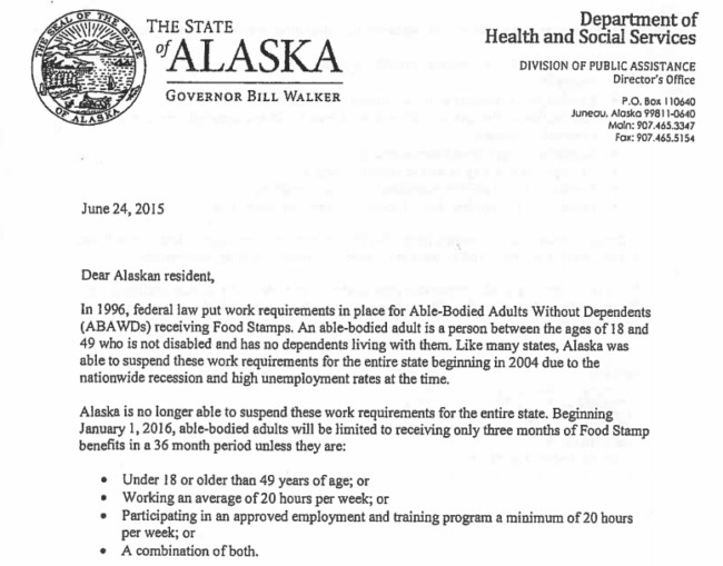 In this letter dated June 24, 2015, the state Department of Health and Social Services informs food stamp recipients of changes to the program. 