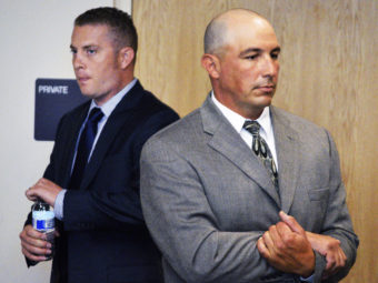 Albuquerque police officers Dominique Perez (left) and Keith Sandy, whose shooting of James Boyd sparked protest in the city. Russell Contreras/AP