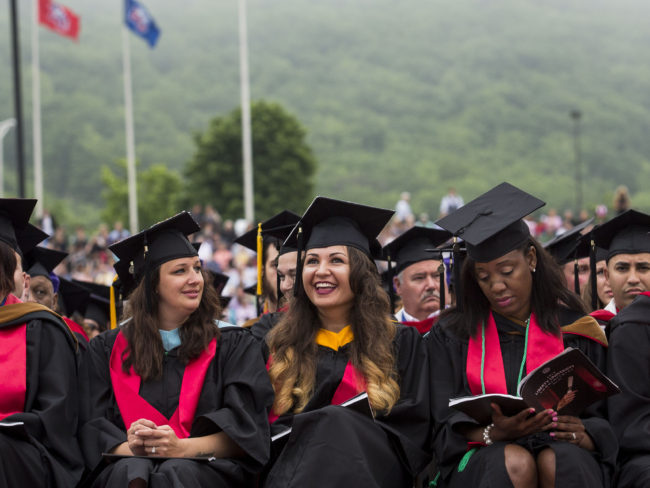 Graduates wait for the start of the commencement ceremony at Williams Stadium on the campus of Liberty University on May 9 in Lynchburg, Va. Drew Angerer/Getty Images