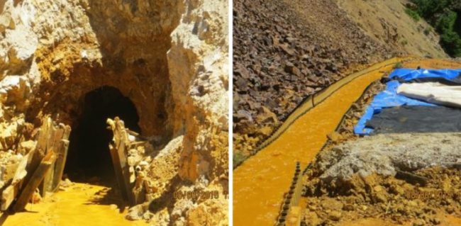 These images provided by the Environmental Protection Agency show the mouth of the Gold King Mine tunnel, at left, and the channeled runoff on the mine dump. (Images courtesy EPA via Colorado Public Radio)