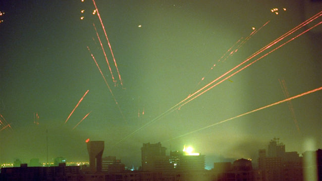 Iraqi antiaircraft fire lights up the skies over Baghdad in response to U.S. warplanes that bombed the Iraqi capital in the early hours of Jan. 18, 1991. The U.S. campaign drove the Iraqis out of Kuwait in a little over a month. Dominique Mollard/AP