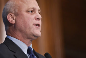 New Orleans Mayor Mitch Landrieu speaks about New Orleans' emergence as a model of urban renewal and economic recovery 10 years after Hurricane Katrina during a visit Tuesday to the National Press Club in Washington, D.C. Mandel Ngan/AFP/Getty Images