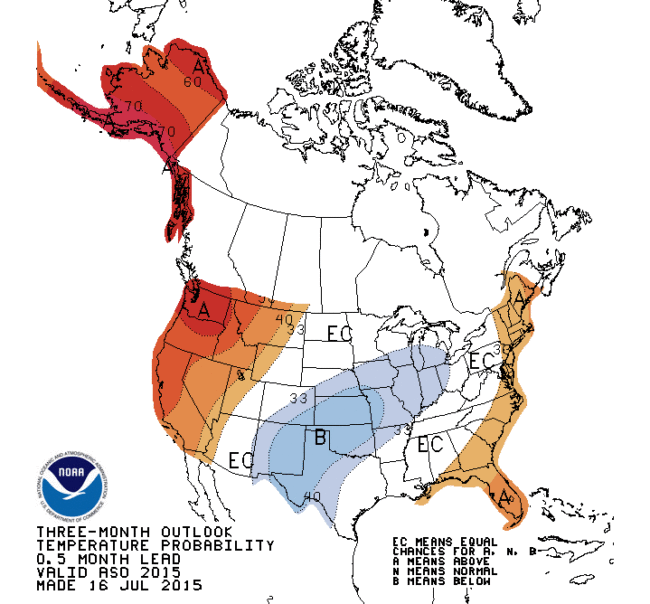Map issued by NOAA's Climate Prediction Center shows the probability for increased temperatures over the next three months. Numbers superimposed over Alaska indicate a 60%  to 70% chance that temperatures will be higher than normal.