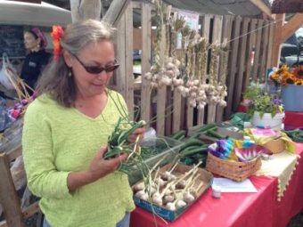 Lori Jenkins of Synergy Gardens holds garlic scapes her WWOOFers helped harvest. (Photo by Shady Grove Oliver/KBBI)