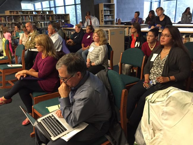 Supporters for a new charter school in Juneau filled the audience at Tuesday night's school board meeting. (Photo by Lisa Phu/KTOO)