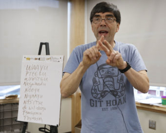 Boxley teaches the class how to introduce themselves in Tsimshian. (Photo courtesy Brian Wallace/Sealaska Heritage Institute)