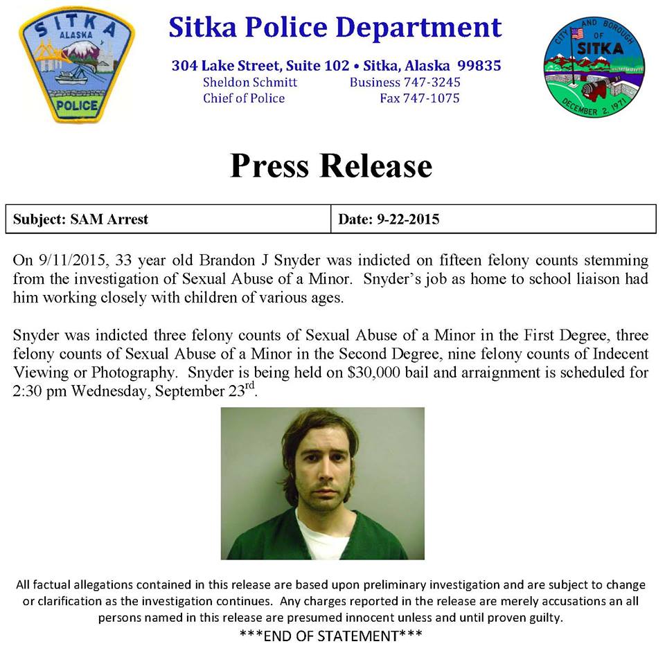 A press release from the Sitka Police Department announcing the charges against Brandon J. Snyder.