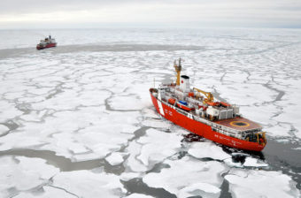 The Canadian Coast Guard Ship Louis S. St-Laurent makes an approach to the Coast Guard Cutter Healy in the Arctic Ocean. (Photo by Patrick Kelley/U.S. Coast Guard)