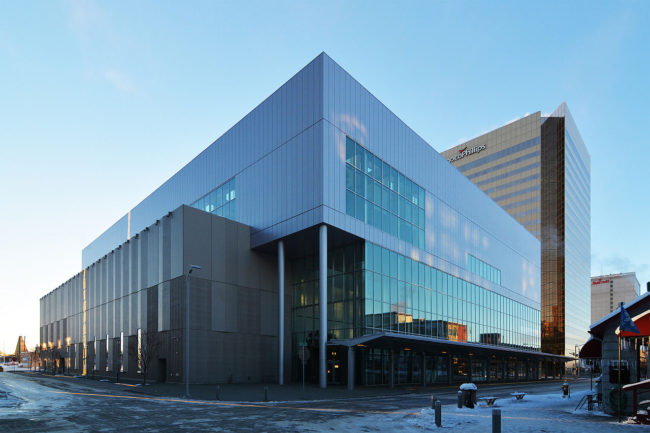 Street-level view of the Dena'ina Civic and Convention Center. (Creative Commons photo by Paxson Woelber)