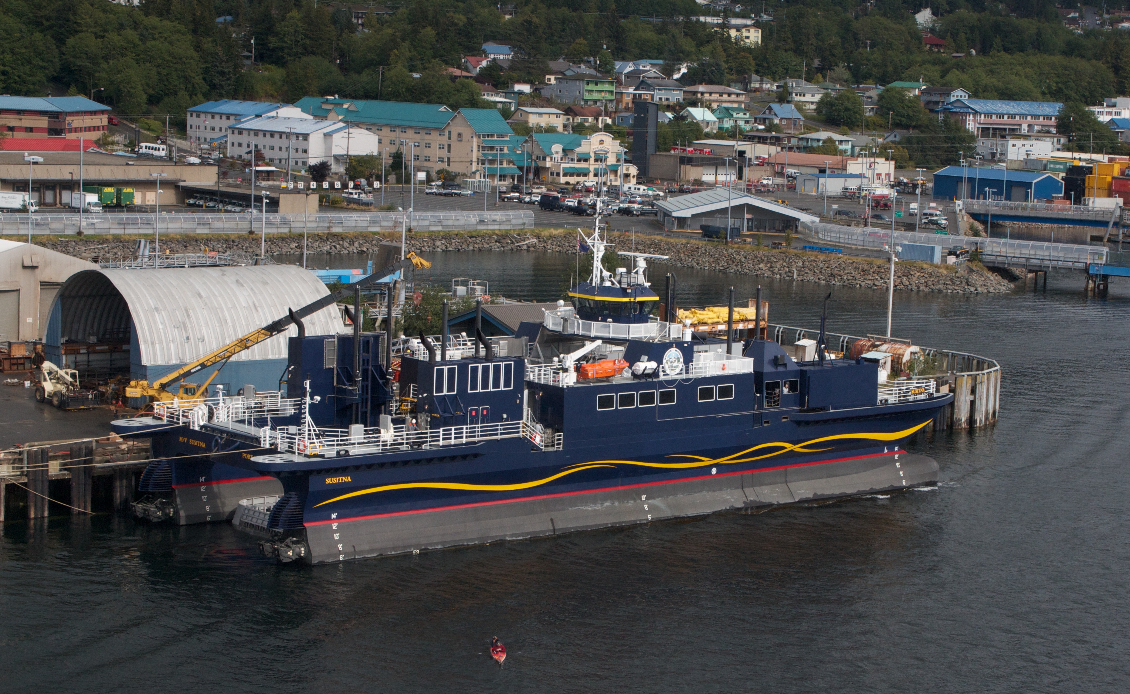 The ferry M/V Susitna being outfitted in Ketchikan for delivery to Anchorage in August 2010. It is a catamaran ice breaking ferry. (Creative Commons photo by Jay Galvin)