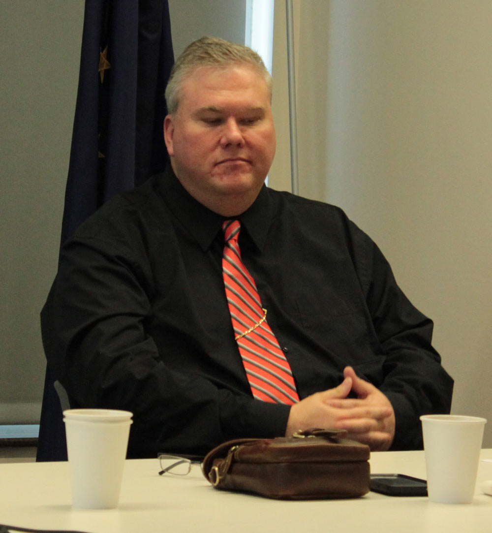 Emil Mackey at the school board candidate forum held by the Juneau Chamber of Commerce (Photo by David Purdy/KTOO)