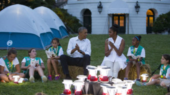 President Obama and Michelle Obama went a little Troop Beverly Hills at a Girl Scout campout on the South Lawn earlier this summer. We doubt survivalist Bear Grylls is going allow the president to bring those lanterns on their trek. Evan Vucci/AP
