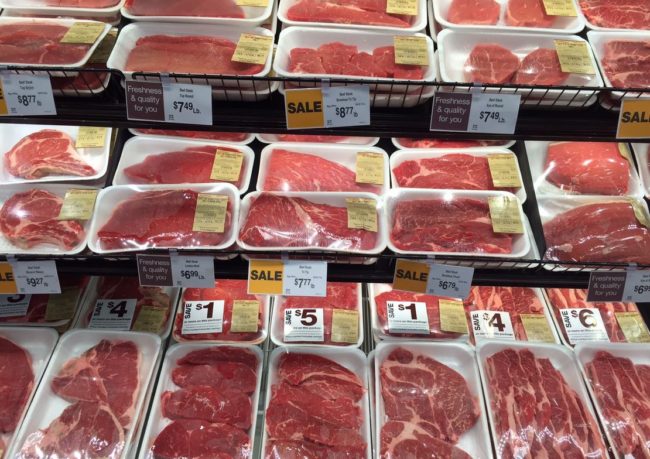 The meat display at Fred Meyer in southeast Anchorage. What doesn’t sell will be donated. (Photo by Anne Hillman/KSKA)