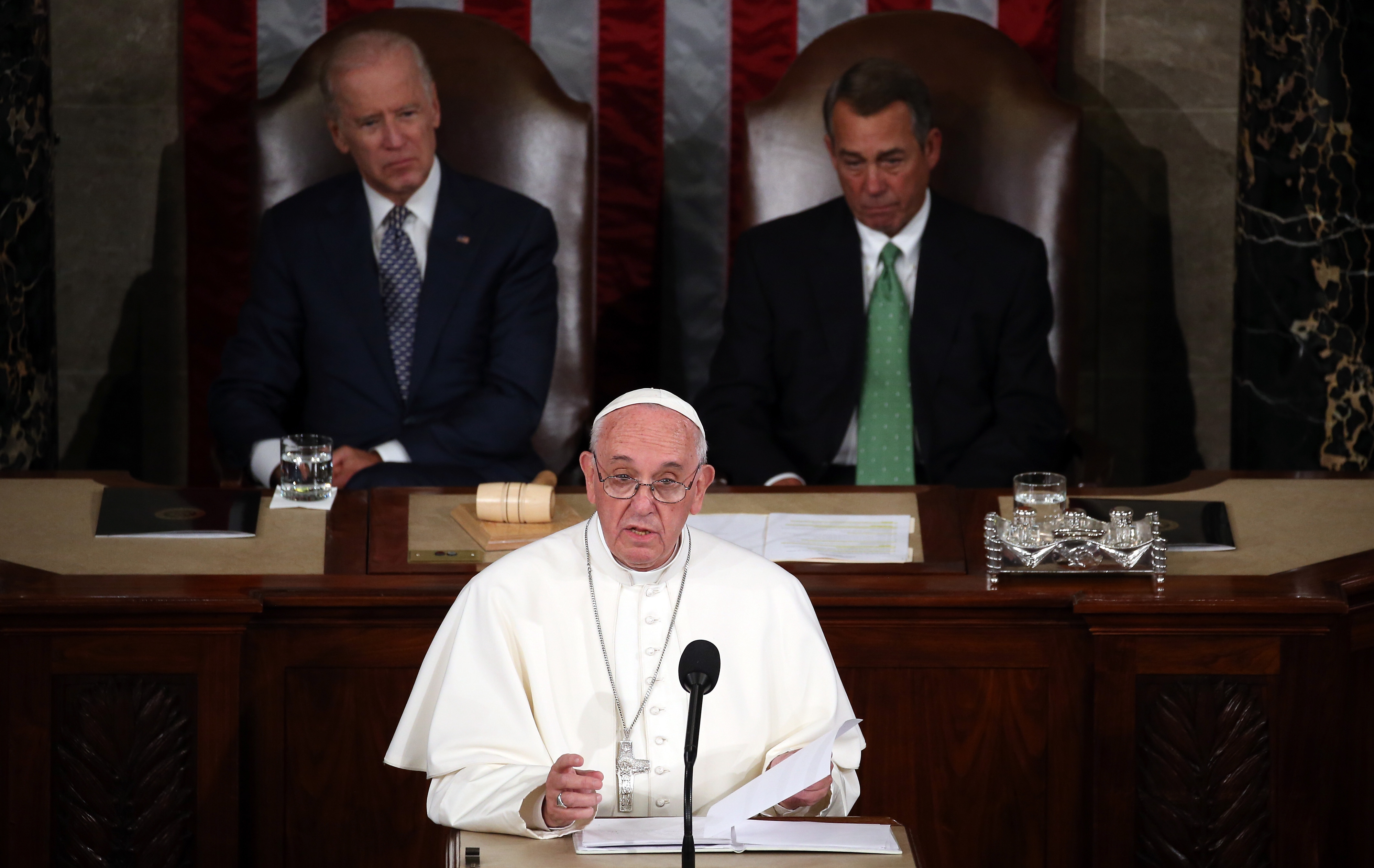 Pope Francis addresses a joint meeting of the U.S. Congress in the House Chamber of the U.S. Capitol Thursday. He is first pope to address a joint meeting of Congress. Mark Wilson/Getty Images