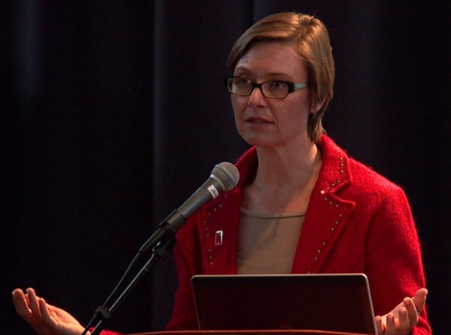 In this video still from a 360 North production, Breast Cancer Action Executive Director Karuna Jaggar speaks in Juneau as part of a panel, "What the Pink?!" 