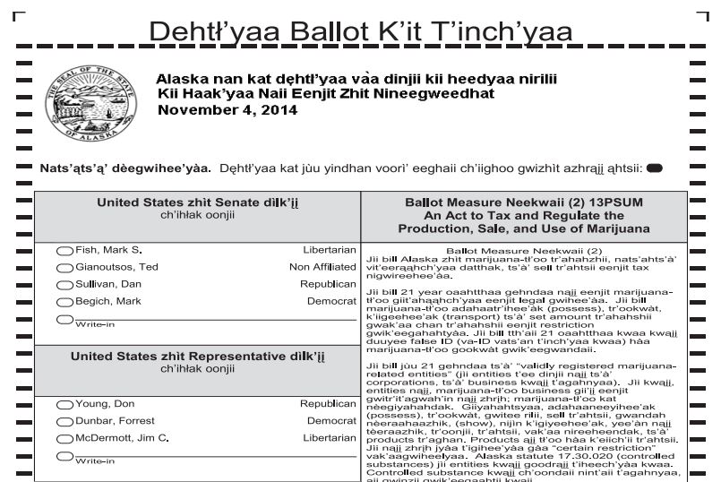 A 2014 general election sample ballot in Gwich'in from the State Division of Elections website.