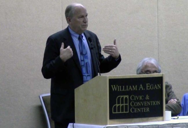 Governor Bill Walker addresses the 4th annual Alaska Federation of Natives and National Congress of American Indians conference at the Egan Center in Anchorage. (Photo by Jennifer Canfield/KTOO)