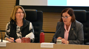 Four legislators, including Senators Anna MacKinnon and Berta, sit on the Alaska Safe Children's Act task force. The 10-member group met in the Anchorage Legislative Information Office Tuesday. (Photo by Mike Mason)