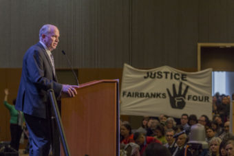 Gov. Bill Walker addresses the 49th annual Alaska Federation of Natives conference in Anchorage. The AFN called on Walker to free the Fairbanks Four. (Photo by Mikko Wilson/KTOO)