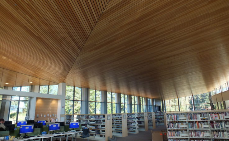 The new Mendenhall Valley Public Library features a wood ceiling. (Photo by Matt Miller/KTOO)