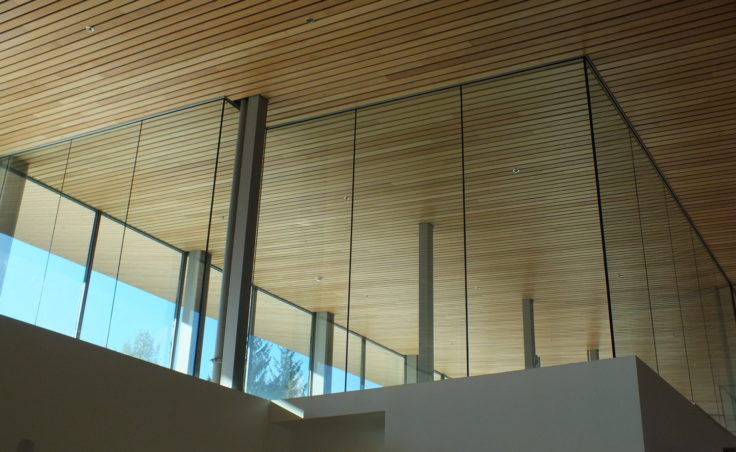 Glass and wood dominate the interior of the new Mendenhall Valley Public Library. (Photo by Matt Miller/KTOO)