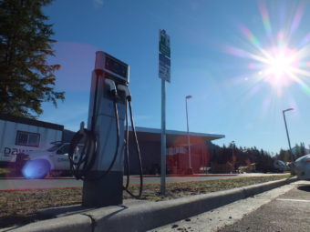 An electric vehicle charging station at the new Mendenhall Valley Public Library. (Photo by Matt Miller/KTOO)