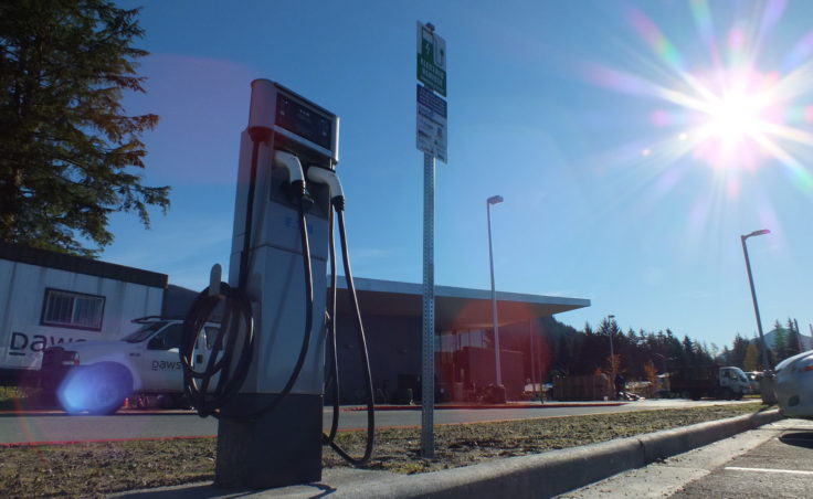 An electric vehicle charging station at the new Mendenhall Valley Public Library. (Photo by Matt Miller/KTOO)