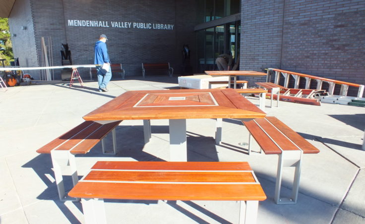 Outdoor seating at the new Mendenhall Valley Public Library. (Photo by Matt Miller/KTOO)