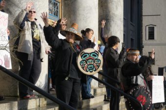 Fairbanks 4 protesters at the Capitol, Oct. 24, 2015. (Photo by Jeremy Hsieh/KTOO)