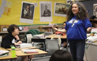 To get eighth graders to understand Shakespeare's "Othello," Perseverance Theatre's Shona Osterhout has them act it out. (Photo by Lisa Phu/KTOO)