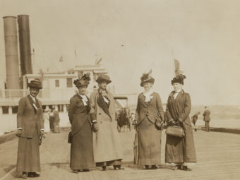 A group of anti-suffrage leaders who organized a barge excursion up the Hudson River for a Decoration Day picnic in New York, 1913 (from left): Mrs. George Phillips, Mrs. K.B. Lapham, Miss Burnham, Mrs. Everett P. Wheeler, Mrs. John A. Church. Library of Congress