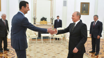 Russian President Vladimir Putin (right) greets Syrian President Bashar Assad in the Kremlin in Moscow on Tuesday. It was Assad's first known trip abroad since the Syrian war broke out in 2011. To bolster Assad, Russia recently began bombing opposition groups in Syria. However, Russian efforts to help embattled leaders have often failed. Alexei Druzhinin/AP