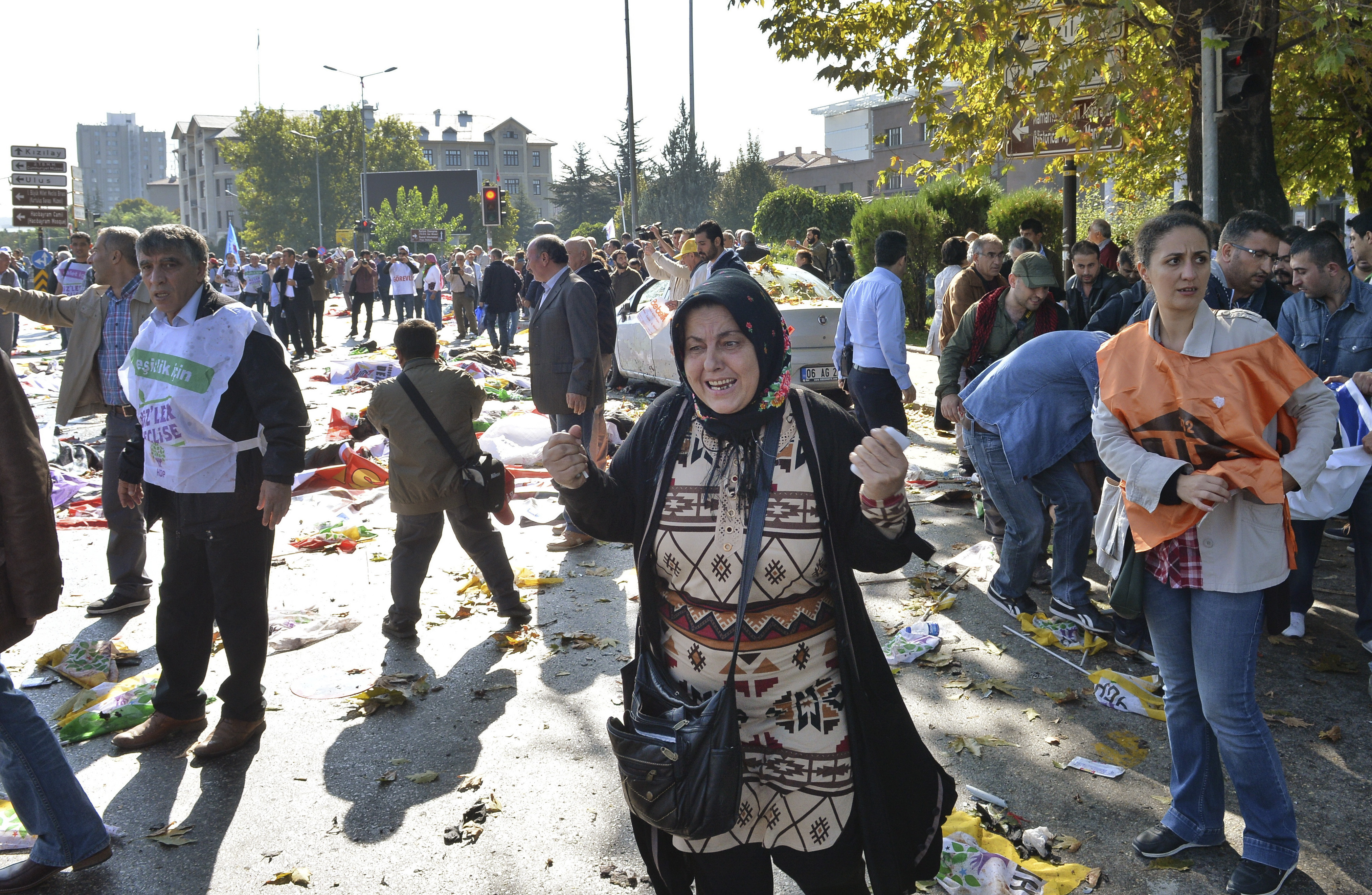 A woman reacts at the site of an explosion in Ankara, Turkey, on Saturday. (Photo by Depo Photos/AP)
