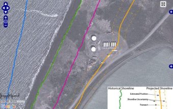 The site of Port Heiden’s old tank farm and shorelines in 1983 (blue), 2009 (green), 2013 (pink) and projected location in 2035 (yellow). (Image courtesy of Alaska Division of Geological and Geophysical Surveys)