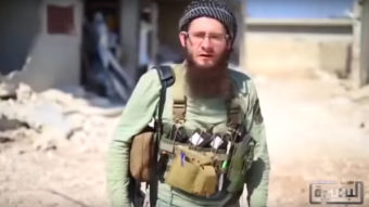 A screenshot of Lucas Kinney, a 26-year-old Briton who recently began making videos for Jabhat al-Nusra, the al-Qaida affiliate in Syria. Kinney's father is a veteran Hollywood assistant director who helped make such films as Rambo and the Indiana Jones series. Via YouTube