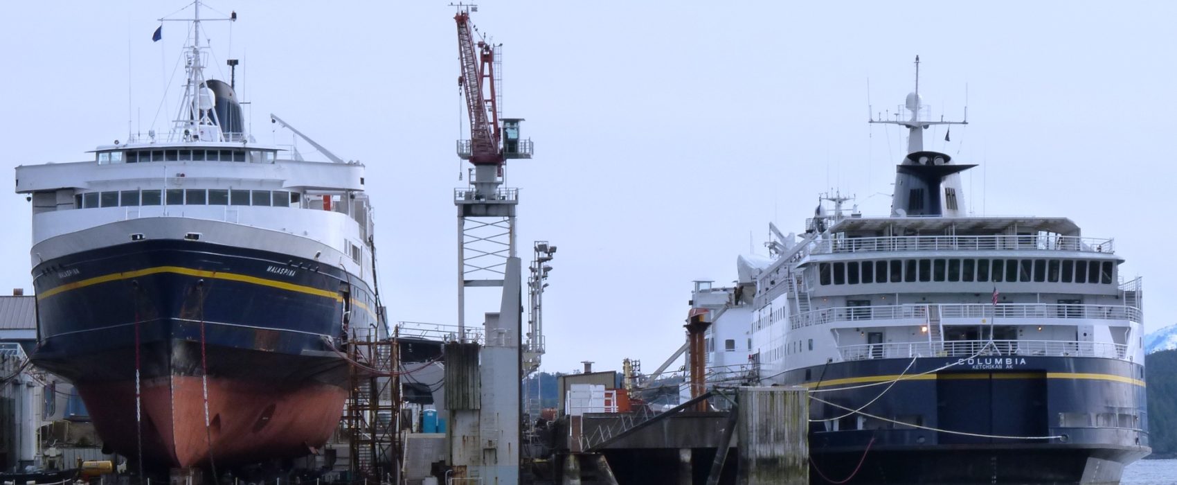 The ferry Malaspina is in drydock and the Columbia is tied up at the Ketchikan Shipyard in February, 2012. Federal funds have covered millions of dollars of repairs. (Photo by Ed Schoenfeld/CoastAlaska News)