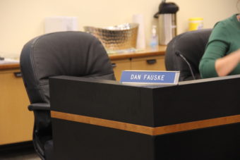 Dan Fauske's chair was vacant at the Saturday morning meeting of the AGDC Board. (Photo by Rachel Waldholz/APRN)