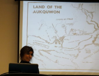 Anastasia Tarmann with the Alaska State Library and Historical Collections gives a presentation at Sharing Our Knowledge: A Conference of Tlingit Tribes and Clans on Oct. 29. (Photo by Matt Miller/KTOO)
